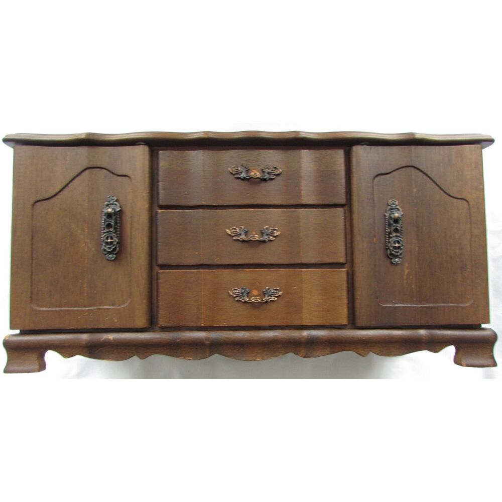 Vintage wood jewelry box 9 drawer, jewelry chest armoire Japan pine green velvet